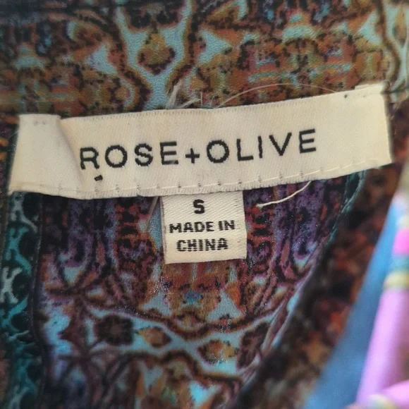 Rose + Olive patchwork Print Multicolor Teal/Purple/ Brown Blouse Sz S - Picture 8 of 9